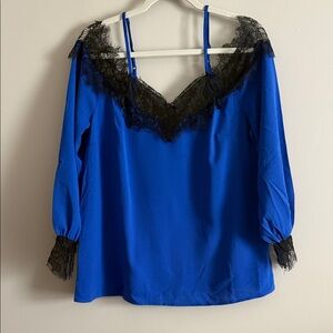 Elegant Blue Lace Trim Women's Top